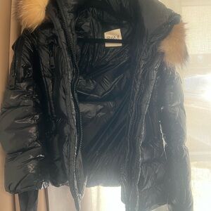 SAM. Women's Shiny Black Puffer Jacket with Fur Hood